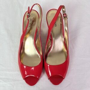 Alfani Bess Wedge Sandals 10M Red Patent Peep Toe Slingback Gold Trim Heels